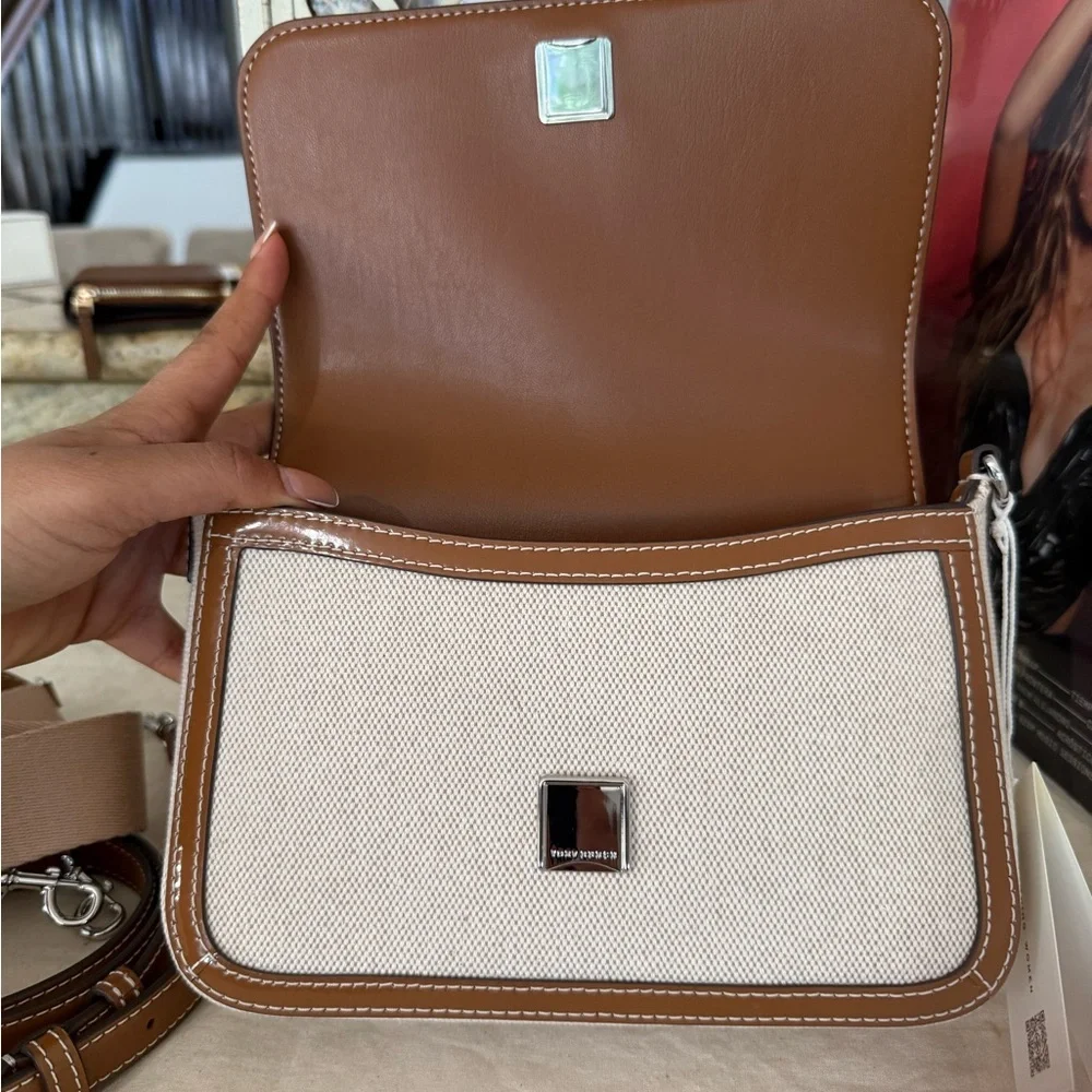 New Tory Burch Thea web flap shoulder bag/crossbody in canvas cream leather trim